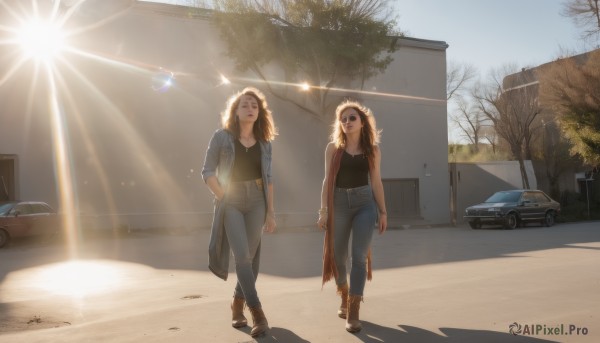 1girl,long hair,breasts,multiple girls,blonde hair,brown hair,shirt,2girls,jewelry,standing,jacket,boots,outdoors,open clothes,day,pants,signature,bracelet,tree,lips,coat,crop top,black shirt,brown footwear,sunlight,sunglasses,tank top,denim,ground vehicle,building,motor vehicle,lens flare,walking,jeans,realistic,hands in pockets,car,road,street,denim jacket,open mouth,hat,closed eyes,sky,scenery