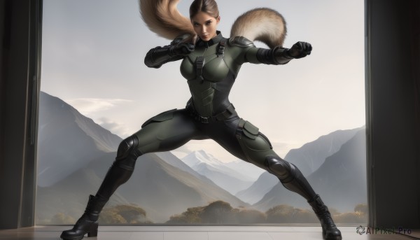 1girl,solo,long hair,breasts,blue eyes,large breasts,brown hair,gloves,medium breasts,tail,full body,ponytail,boots,black gloves,belt,armor,lips,bodysuit,clenched hand,legs apart,pouch,mountain,fighting stance,knee pads,shoulder pads,belt pouch,looking at viewer,short hair,standing,military