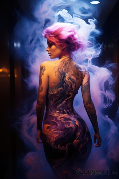 1girl,solo,long hair,short hair,dress,jewelry,pink hair,ass,nude,red hair,earrings,looking back,from behind,lips,tattoo,makeup,back,lipstick,smoke,back tattoo,full-body tattoo,standing,closed eyes,dark skin,dark-skinned female,watermark