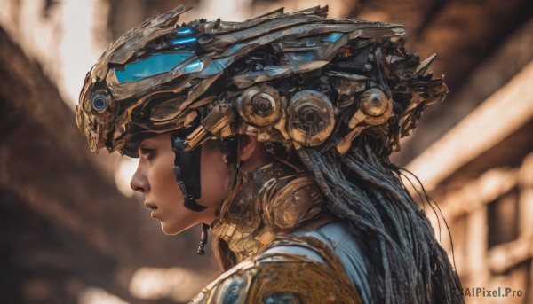 1girl,solo,long hair,black hair,closed mouth,closed eyes,upper body,armor,blurry,from side,lips,profile,depth of field,blurry background,headgear,helmet,portrait,headset,science fiction,realistic,nose,eyelashes,close-up