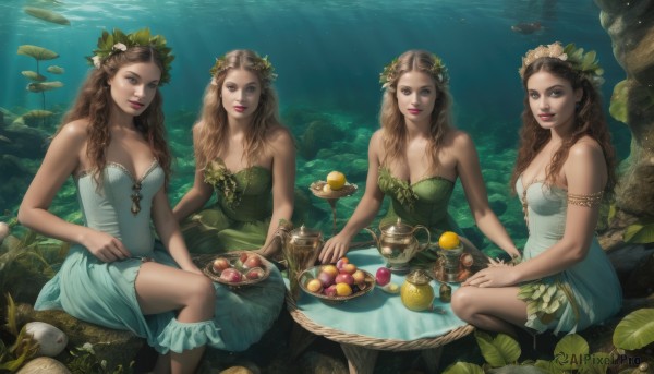 long hair,breasts,looking at viewer,smile,blue eyes,multiple girls,brown hair,hair ornament,dress,cleavage,bare shoulders,brown eyes,jewelry,medium breasts,sitting,braid,flower,small breasts,outdoors,parted lips,food,sleeveless,hair flower,3girls,water,cup,lips,strapless,4girls,fruit,sleeveless dress,blue dress,bird,leaf,wavy hair,table,sunlight,strapless dress,armlet,fish,green dress,light rays,underwater,realistic,nose,basket,head wreath,mushroom,grapes,lily pad,blonde hair,artist name,bracelet,makeup,plant,nature,tray,bowl,teapot,lemon