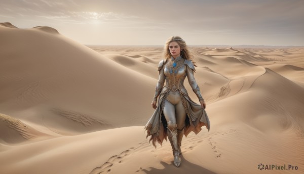 1girl,solo,long hair,breasts,blonde hair,brown hair,jewelry,medium breasts,standing,full body,boots,outdoors,sky,armor,lips,bodysuit,shoulder armor,walking,pauldrons,running,breastplate,realistic,sand,desert,looking at viewer