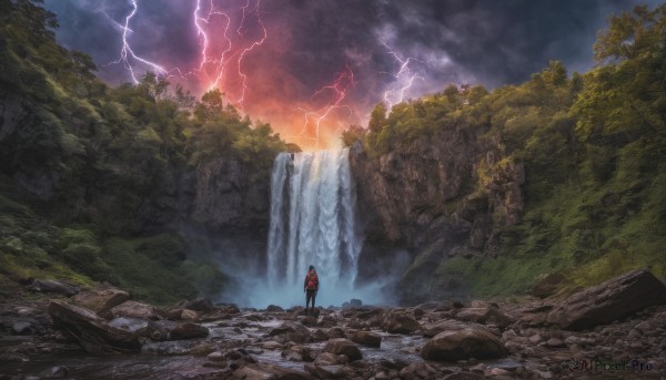 solo, 1boy, standing, outdoors, sky, cloud, water, tree, cloudy sky, nature, scenery, forest, rock, electricity, lightning, waterfall, ambiguous gender, cliff