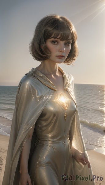 1girl,solo,breasts,looking at viewer,short hair,bangs,brown hair,dress,brown eyes,jewelry,closed mouth,standing,collarbone,cowboy shot,earrings,small breasts,outdoors,parted lips,sky,day,shiny,artist name,water,cape,lips,glowing,ocean,beach,sunlight,bob cut,gem,cloak,backlighting,shiny clothes,nose,sand,horizon,grey dress,white cape,waves,shore,black hair,medium breasts,realistic,arms at sides