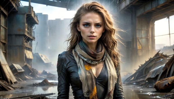 HQ,1girl,solo,long hair,breasts,looking at viewer,blue eyes,blonde hair,brown hair,cleavage,medium breasts,jacket,upper body,parted lips,artist name,water,scarf,lips,bodysuit,watermark,building,realistic,nose,ruins,dirty,dirty face,jewelry,day,necklace,window,sunlight,scenery,science fiction