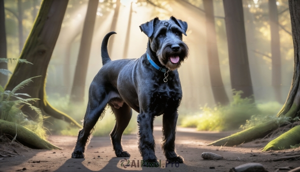 HQ,solo,open mouth,full body,outdoors,day,tongue,tongue out,blurry,collar,tree,no humans,animal,sunlight,grass,plant,nature,forest,dog,realistic,leash,animal focus,animal collar,standing,saliva,blurry background,rock