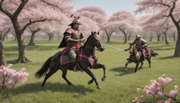 1boy,hat,holding,weapon,male focus,outdoors,multiple boys,day,sword,holding weapon,armor,tree,animal,holding sword,katana,helmet,grass,cherry blossoms,gauntlets,sheath,nature,riding,japanese armor,horse,samurai,horseback riding,flower,sky,2boys,scenery,1other,pink flower,sheathed,field,greaves,soldier,reins,saddle,kabuto (helmet)