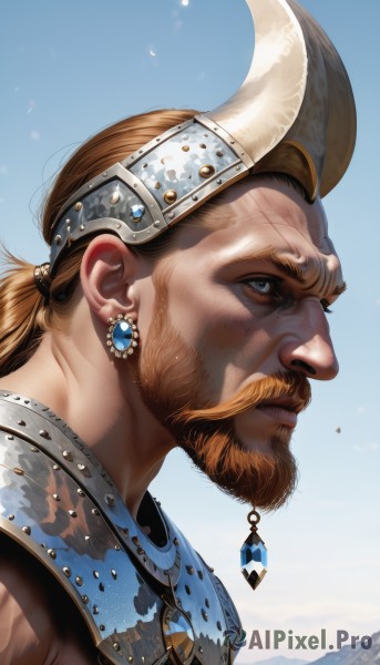 solo,blue eyes,blonde hair,brown hair,1boy,jewelry,upper body,ponytail,male focus,earrings,outdoors,horns,sky,day,cloud,necklace,armor,from side,blue sky,profile,facial hair,scar,helmet,gem,portrait,beard,scar on face,short ponytail,mountain,realistic,mustache,scar across eye,fake horns,manly,closed mouth