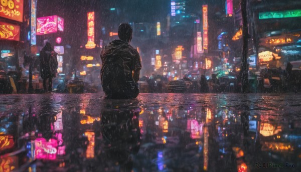 sitting, jacket, outdoors, multiple boys, from behind, night, building, scenery, rain, city, sign, cityscape, city lights, cyberpunk, neon lights, people