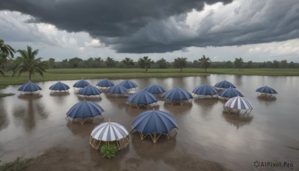 outdoors,sky,day,cloud,signature,water,tree,blue sky,no humans,umbrella,beach,cloudy sky,nature,scenery,reflection,rain,palm tree,beach umbrella,reflective water,ocean,grass,bush