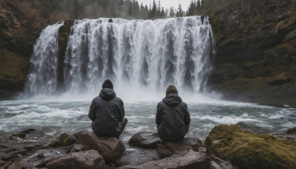 sitting, outdoors, multiple boys, hood, 2boys, water, tree, squatting, nature, scenery, rock, realistic, waterfall