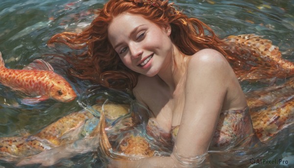 1girl,solo,long hair,breasts,looking at viewer,smile,blue eyes,brown hair,hair ornament,dress,cleavage,bare shoulders,jewelry,medium breasts,upper body,red hair,parted lips,teeth,water,grin,lips,wet,strapless,animal,monster girl,partially submerged,fish,realistic,mermaid,koi,collarbone,lying,orange hair,strapless dress,freckles