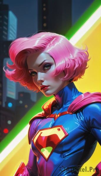 1girl,solo,breasts,looking at viewer,short hair,gloves,green eyes,upper body,pink hair,small breasts,parted lips,shiny,cape,blurry,lips,bodysuit,makeup,blurry background,lipstick,superhero,skyscraper,blue bodysuit,blue eyes,medium breasts,outdoors,night,building,skin tight,shiny clothes,realistic,red cape,red lips