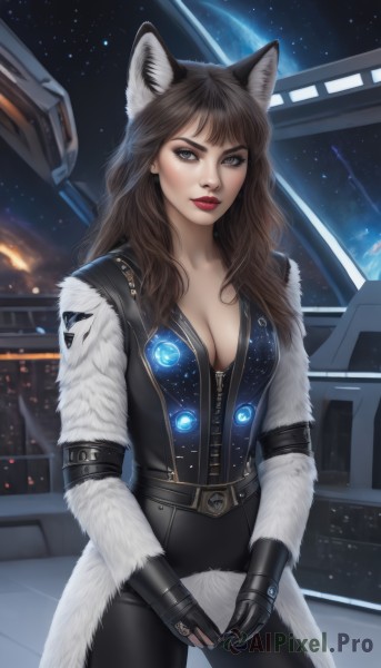 1girl,solo,long hair,breasts,looking at viewer,large breasts,brown hair,gloves,animal ears,cleavage,brown eyes,medium breasts,standing,tail,cowboy shot,black gloves,belt,pants,indoors,cat ears,fingerless gloves,lips,coat,grey eyes,fur trim,bodysuit,makeup,black pants,lipstick,star (sky),eyeshadow,zipper,science fiction,realistic,red lips,eyeliner,space,planet,fur coat,bangs,black hair,signature,wolf ears,starry sky,nose,earth (planet),spacecraft