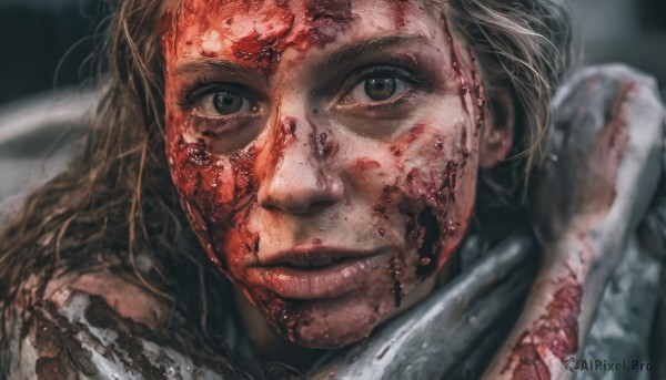 1girl,solo,long hair,looking at viewer,smile,blonde hair,brown hair,brown eyes,closed mouth,scarf,blurry,lips,blood,blurry background,scar,portrait,blood on face,realistic,nose,blood on clothes,parted lips,teeth,grin,black eyes,close-up,dirty,horror (theme)