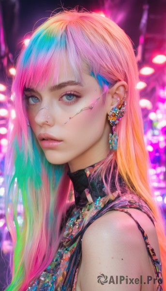 1girl,solo,long hair,looking at viewer,bangs,blue eyes,bare shoulders,jewelry,closed mouth,blue hair,upper body,pink hair,multicolored hair,earrings,sleeveless,mole,blurry,from side,two-tone hair,lips,eyelashes,aqua hair,gradient hair,makeup,blurry background,piercing,ear piercing,portrait,eyeshadow,freckles,pink lips,realistic,nose,eyeliner,mascara,cyberpunk,parted lips,green hair,shiny,artist name,blunt bangs,necklace,depth of field,turtleneck,watermark,expressionless,gem,colorful,neon lights,rainbow hair,mole on cheek