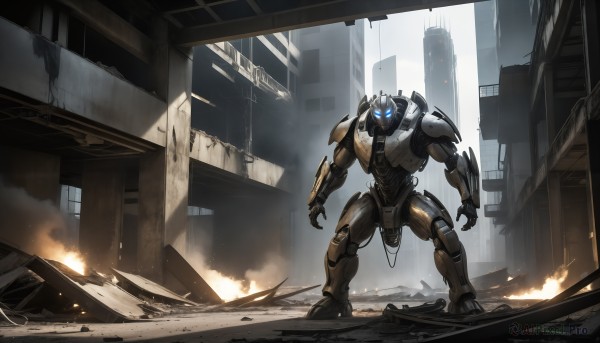 HQ,solo,blue eyes,1boy,standing,no humans,glowing,fire,robot,building,mecha,glowing eyes,smoke,science fiction,city,realistic,cable,ruins,damaged,open hands,debris,window,battle,cityscape,explosion,dust,destruction,sparks,super robot