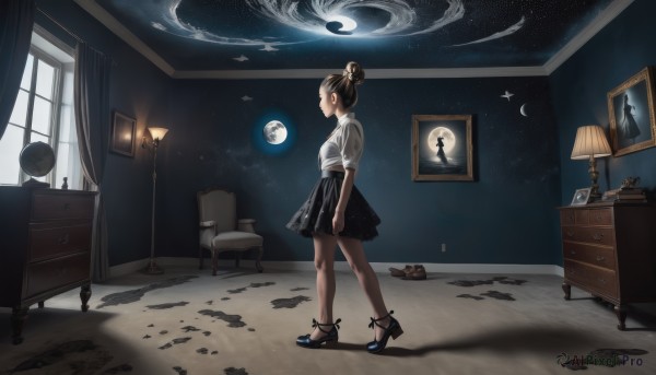 1girl,solo,short hair,skirt,brown hair,shirt,ribbon,school uniform,standing,white shirt,short sleeves,pleated skirt,sky,shoes,indoors,black skirt,hair bun,star (symbol),black footwear,from side,book,window,bed,profile,night,shadow,chair,moon,table,single hair bun,curtains,star (sky),scenery,desk,starry sky,walking,paper,clock,lamp,photo (object),bedroom,crescent moon,planet,picture frame,painting (object),surreal,constellation,ankle ribbon,drawer,picture (object),globe,desk lamp,black hair,high heels,phone,night sky,blue footwear,dark