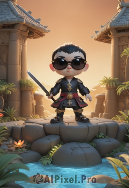 solo,looking at viewer,short hair,black hair,gloves,long sleeves,1boy,holding,closed mouth,standing,full body,weapon,flower,male focus,boots,outdoors,pants,sword,artist name,water,chibi,black footwear,holding weapon,armor,black eyes,holding sword,black pants,sunglasses,plant,backlighting,sunset,rock,architecture,pillar,lily pad,jacket,sky,belt,black jacket,sash,katana,building,forehead,ruins