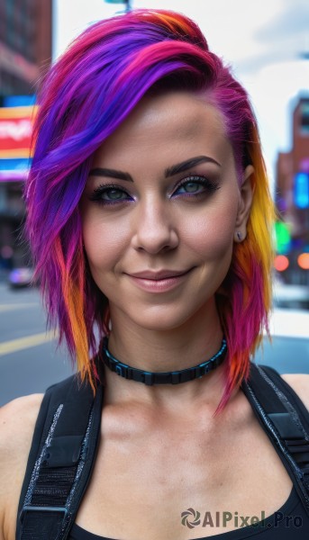 1girl,solo,breasts,looking at viewer,smile,short hair,blonde hair,cleavage,jewelry,medium breasts,closed mouth,green eyes,upper body,pink hair,purple hair,multicolored hair,earrings,outdoors,choker,orange hair,blurry,vest,two-tone hair,lips,eyelashes,gradient hair,makeup,blurry background,piercing,tank top,denim,lipstick,ear piercing,portrait,eyeshadow,freckles,asymmetrical hair,realistic,nose,stud earrings,eyeliner,mascara,cyberpunk,denim jacket,blue eyes,bare shoulders,collarbone,open clothes,sleeveless,artist name,mole,depth of field