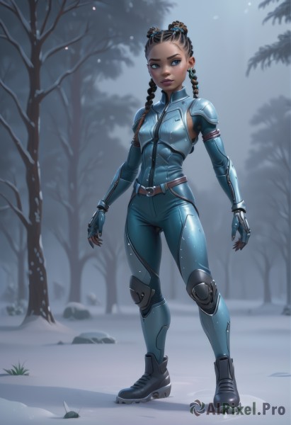 1girl,solo,long hair,breasts,looking at viewer,blue eyes,brown hair,black hair,gloves,jewelry,closed mouth,standing,full body,braid,earrings,small breasts,boots,outdoors,belt,artist name,dark skin,fingerless gloves,armor,blurry,twin braids,dark-skinned female,tree,lips,bodysuit,blurry background,shoulder armor,snow,pauldrons,breastplate,rock,snowing,knee pads,shoulder pads,winter,bare tree,blue bodysuit,dreadlocks,multicolored hair,two-tone hair,makeup,night,facial mark,piercing,freckles,realistic,nose,skates