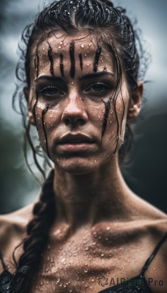 1girl,solo,long hair,looking at viewer,black hair,brown eyes,collarbone,upper body,braid,parted lips,blurry,black eyes,lips,wet,single braid,blurry background,portrait,realistic,nose,wet hair,dark skin,dark-skinned female,scar,hair over shoulder,dirty