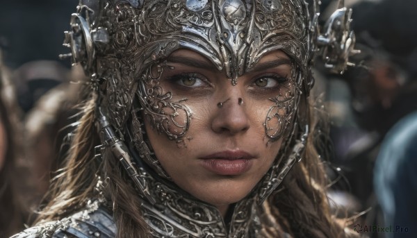 1girl,solo,long hair,looking at viewer,blonde hair,brown hair,brown eyes,closed mouth,solo focus,armor,blurry,lips,depth of field,blurry background,helmet,portrait,close-up,freckles,realistic,nose,yellow eyes,piercing,nose piercing,lip piercing,eyebrow piercing