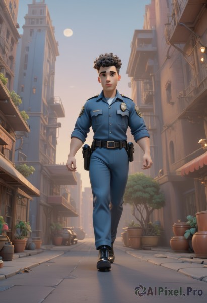 solo,looking at viewer,short hair,shirt,black hair,1boy,full body,weapon,male focus,boots,outdoors,sky,shoes,collared shirt,belt,pants,artist name,black footwear,uniform,black eyes,lips,gun,window,night,moon,blue shirt,plant,building,handgun,sleeves rolled up,walking,curly hair,black belt,pouch,city,realistic,blue pants,potted plant,holster,belt pouch,police,police uniform,policewoman,walkie-talkie,1girl,smile,brown hair,brown eyes,closed mouth,standing,day,tree,shadow,crossed legs,denim,buckle,belt buckle,nose,road,badge,street,pavement