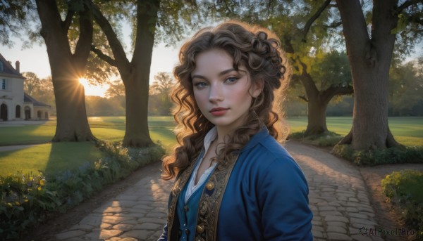 1girl,solo,long hair,looking at viewer,blue eyes,brown hair,shirt,jacket,white shirt,upper body,flower,outdoors,parted lips,sky,day,tree,lips,eyelashes,buttons,wavy hair,sunlight,grass,blue jacket,building,scenery,lens flare,backlighting,freckles,curly hair,realistic,nose,road,bush,house,blue coat,path,pavement,jewelry,open clothes,cloud,necklace,nature,sunset,sun