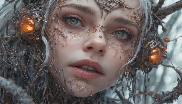 1girl,solo,looking at viewer,blue eyes,white hair,grey hair,parted lips,teeth,mole,blurry,tree,lips,grey eyes,eyelashes,makeup,portrait,snow,close-up,realistic,jewelry,green eyes,glowing,freckles,nose,branch