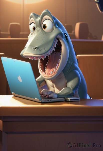 solo,open mouth,1boy,sitting,male focus,teeth,indoors,no humans,chair,table,sharp teeth,furry,furry male,computer,laptop,shark,animal ears,brown eyes,yellow eyes,artist name,blurry,blurry background,watermark,web address,desk,dinosaur