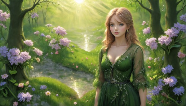 HQ,1girl,solo,long hair,breasts,looking at viewer,bangs,blue eyes,blonde hair,brown hair,dress,cleavage,jewelry,medium breasts,standing,collarbone,flower,earrings,outdoors,parted lips,day,belt,water,tree,lips,see-through,eyelashes,makeup,wavy hair,sunlight,grass,plant,lipstick,nature,scenery,pink flower,forest,green dress,light rays,realistic,purple flower,arms at sides,red lips,sunbeam,dappled sunlight,river,lake,blush,braid,french braid,half updo