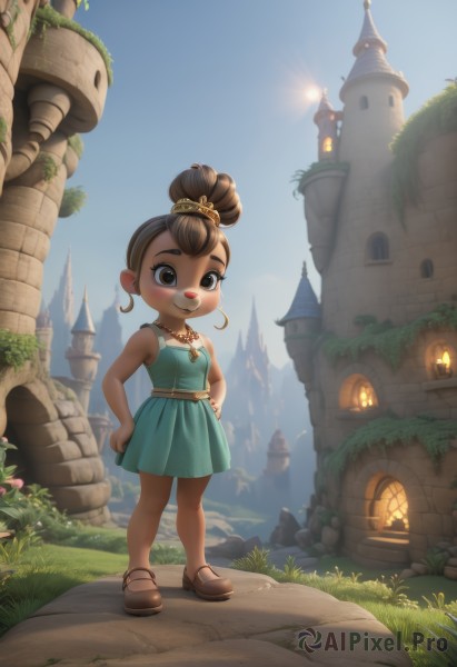 1girl,solo,looking at viewer,blush,smile,short hair,brown hair,hair ornament,dress,bare shoulders,brown eyes,jewelry,closed mouth,standing,full body,flower,earrings,outdoors,sky,shoes,sleeveless,day,pointy ears,belt,artist name,dark skin,necklace,hair bun,flat chest,bracelet,dark-skinned female,tree,blue sky,bare arms,sleeveless dress,blue dress,brown footwear,short dress,single hair bun,grass,plant,building,child,furry,backlighting,hands on hips,hoop earrings,furry female,sun,female child,house,castle,breasts,teeth,window,thick eyebrows,green dress,no socks,aqua dress