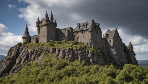 outdoors,sky,day,cloud,water,tree,blue sky,no humans,ocean,cloudy sky,grass,building,nature,scenery,mountain,horizon,ruins,castle,tower,landscape,cliff,fantasy