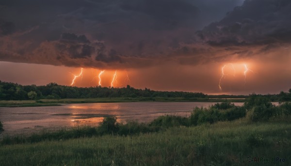 outdoors,sky,cloud,water,tree,no humans,cloudy sky,grass,nature,scenery,forest,reflection,sunset,mountain,horizon,electricity,river,evening,lightning,landscape,lake,ocean