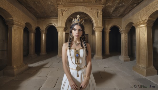 1girl,solo,long hair,breasts,looking at viewer,blue eyes,black hair,dress,bare shoulders,jewelry,braid,earrings,dark skin,necklace,white dress,twin braids,bracelet,dark-skinned female,lips,strapless,tiara,crown,strapless dress,realistic,pillar,egyptian,column,brown hair,drill hair,ring