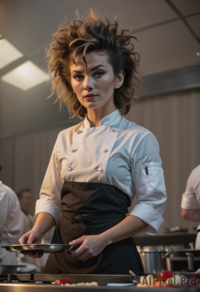 1girl,short hair,brown hair,shirt,black hair,holding,brown eyes,closed mouth,standing,white shirt,food,multiple boys,solo focus,indoors,mole,blurry,apron,lips,buttons,fruit,depth of field,blurry background,knife,messy hair,waist apron,freckles,realistic,nose,holding knife,cooking,kitchen,frying pan,chef,mole on cheek,solo,looking at viewer,mole under mouth,sleeves rolled up,curly hair,strawberry,dirty