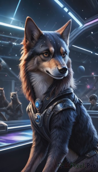 looking at viewer,brown eyes,jewelry,closed mouth,multiple boys,solo focus,artist name,indoors,armor,no humans,animal,gem,furry,dog,realistic,space,animal focus,1boy,upper body,signature,star (sky)