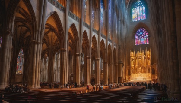 weapon,multiple boys,sword,indoors,armor,window,sunlight,helmet,polearm,scenery,6+boys,light rays,stairs,fantasy,architecture,pillar,knight,full armor,statue,crowd,banner,stained glass,church,arch,column,army,multiple girls,blonde hair,holding,standing,holding weapon,fire,walking,spear,robe,candle,soldier