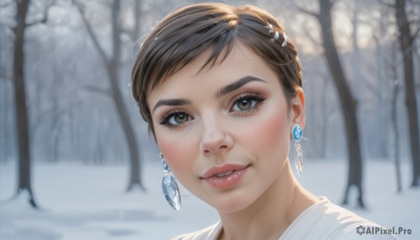 1girl,solo,looking at viewer,smile,short hair,brown hair,shirt,hair ornament,brown eyes,jewelry,white shirt,earrings,outdoors,parted lips,teeth,day,blurry,tree,lips,eyelashes,blurry background,portrait,nature,snow,forest,realistic,nose,winter,bare tree,blush,bangs,black hair,makeup,thick eyebrows,lipstick,close-up,eyeshadow,snowing