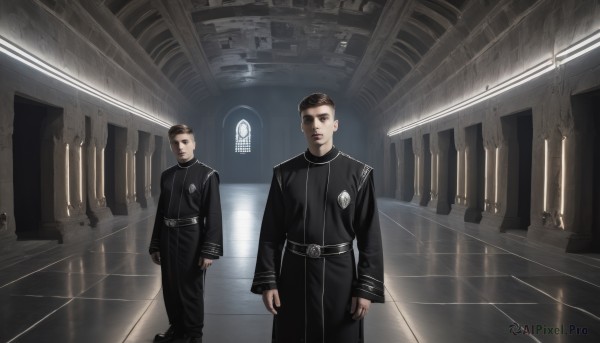 looking at viewer,short hair,brown hair,black hair,long sleeves,closed mouth,standing,male focus,multiple boys,belt,indoors,2boys,uniform,black eyes,military,window,military uniform,reflection,walking,science fiction,black coat,robe,realistic,arms at sides,ceiling,hallway,church,chandelier,jewelry,ring,clenched hands,emblem,animification,pillar,insignia,arch