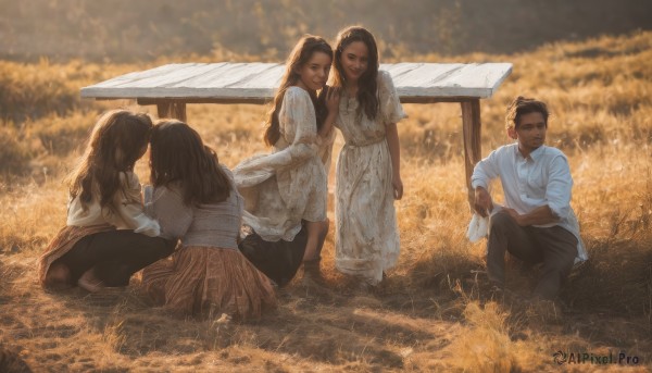 long hair,short hair,multiple girls,skirt,brown hair,shirt,black hair,long sleeves,1boy,dress,jewelry,sitting,standing,white shirt,flower,short sleeves,outdoors,barefoot,pants,dark skin,white dress,blurry,looking at another,dark-skinned female,wet,4girls,depth of field,blurry background,umbrella,black pants,grass,child,wet clothes,sleeves rolled up,realistic,field,dirty,family,sleeves past elbows,smile,holding,2girls,3girls,yuri,kneeling,kiss,bench