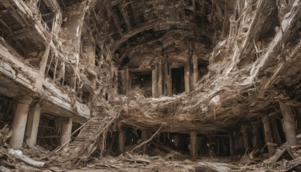 solo,monochrome,dutch angle,no humans,window,scenery,stairs,ruins,sepia,pillar,brown theme,greyscale,indoors,building,door