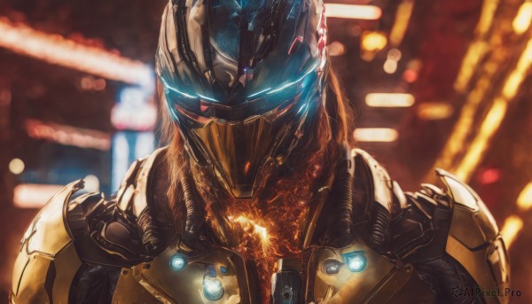 solo,looking at viewer,blue eyes,1boy,upper body,male focus,armor,blurry,blurry background,glowing,helmet,fire,robot,glowing eyes,science fiction,realistic,power armor,explosion,cyborg,cyberpunk