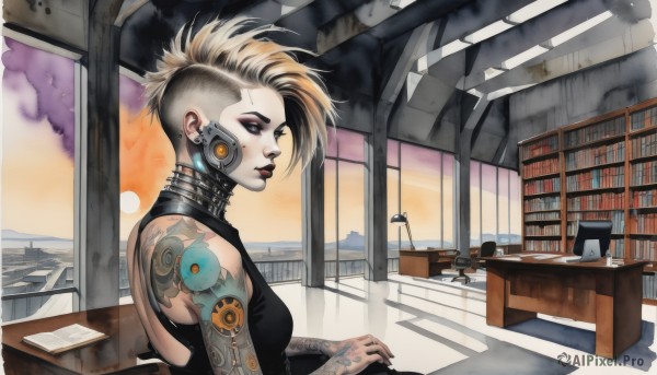 A cyborg captured beautifully in a tranquil sunset sunset