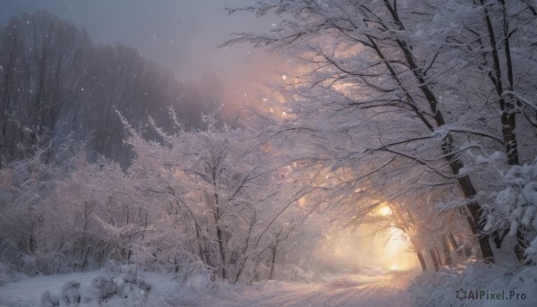 outdoors,sky,tree,no humans,night,nature,scenery,snow,forest,snowing,light,winter,bare tree,sunlight,grass,star (sky),landscape