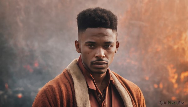 solo,looking at viewer,short hair,shirt,black hair,1boy,jewelry,closed mouth,upper body,male focus,earrings,collared shirt,mole,blurry,black eyes,mole under eye,blurry background,facial hair,fire,red shirt,realistic,towel around neck,smile,brown eyes,jacket,dark skin,dark-skinned male,towel,portrait,beard,animification