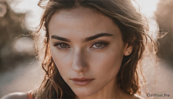 1girl,solo,long hair,looking at viewer,brown hair,brown eyes,jewelry,closed mouth,braid,earrings,mole,blurry,lips,eyelashes,mole under eye,blurry background,portrait,close-up,freckles,realistic,nose,stud earrings,mole on cheek,black hair,sunlight,messy hair