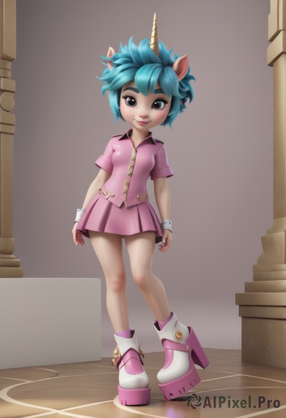 1girl,solo,breasts,looking at viewer,smile,short hair,blue eyes,skirt,shirt,animal ears,jewelry,closed mouth,blue hair,standing,full body,short sleeves,pleated skirt,small breasts,boots,horns,shoes,collared shirt,artist name,miniskirt,nail polish,black eyes,bracelet,lips,wrist cuffs,eyelashes,makeup,watermark,horse ears,web address,furry,single horn,eyeshadow,personification,pink skirt,pink shirt,furry female,pigeon-toed,platform footwear,pillar,deer ears,brown eyes,high heels,aqua hair