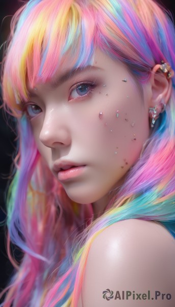 1girl,solo,long hair,looking at viewer,bangs,blue eyes,blonde hair,simple background,bare shoulders,jewelry,blue hair,upper body,pink hair,heart,multicolored hair,earrings,parted lips,from side,lips,eyelashes,makeup,piercing,black background,ear piercing,portrait,eyeshadow,freckles,realistic,nose,nose piercing,rainbow hair,artist name,gradient hair,watermark